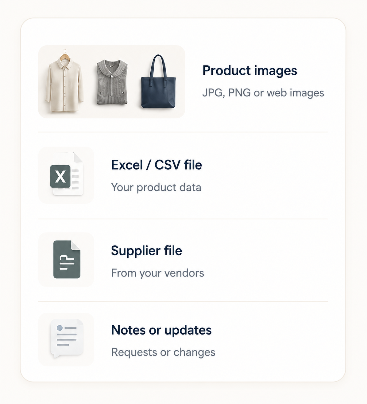 What you send: product images, Excel/CSV file, supplier file, notes or updates